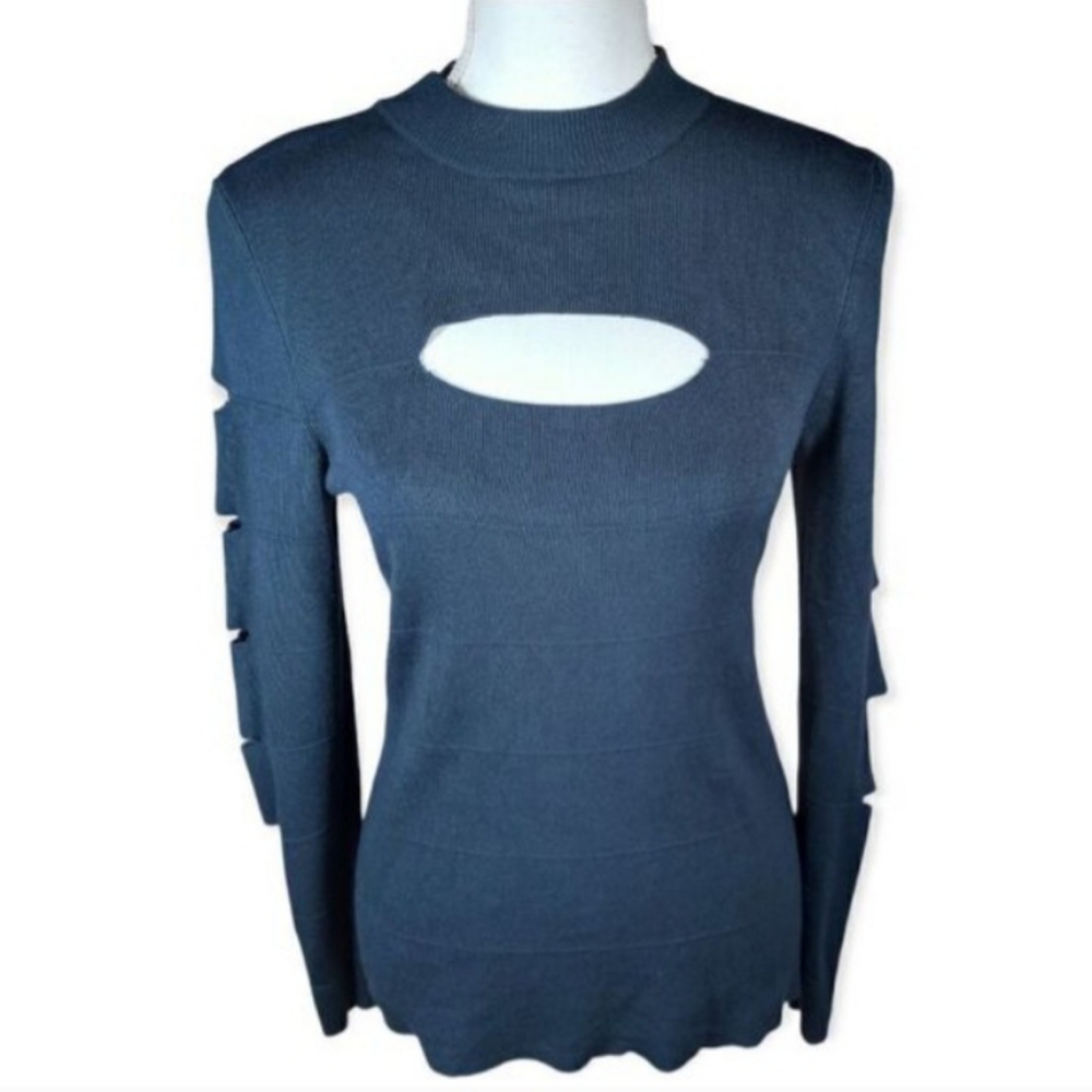JENNIFER LOPEZ TEAL GREEN MOCK NECK CUTOUT TOP SZ.M GUC.
